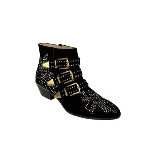 Chloé Susanna Velvet Ankle Boots 37.5 Black Studded Buckle Booties Chunky Heel